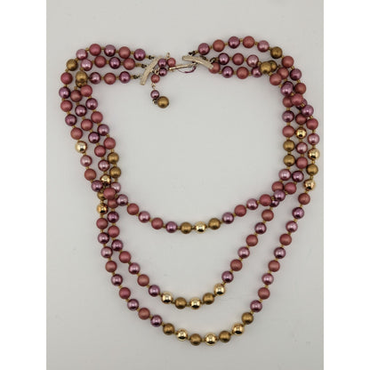Vintage 3-Strand Rose & Gold Beaded Necklace Japan