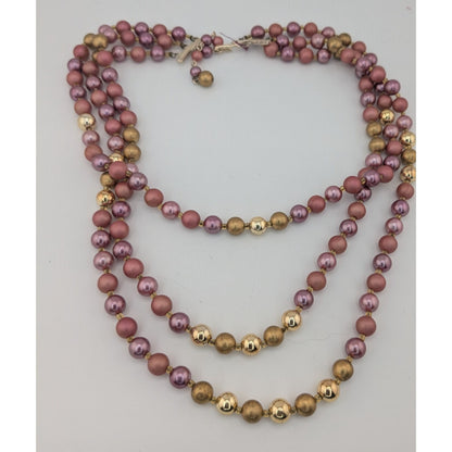 Vintage 3-Strand Rose & Gold Beaded Necklace Japan