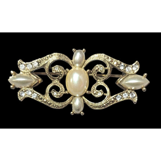 Vintage Victorian Style Elegant Gold Tone Faux Pearl Rhinestone Brooch