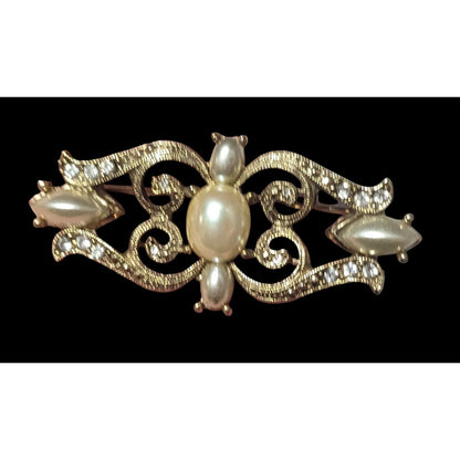 Vintage Victorian Style Elegant Gold Tone Faux Pearl Rhinestone Brooch