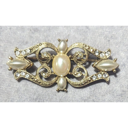 Vintage Victorian Style Elegant Gold Tone Faux Pearl Rhinestone Brooch