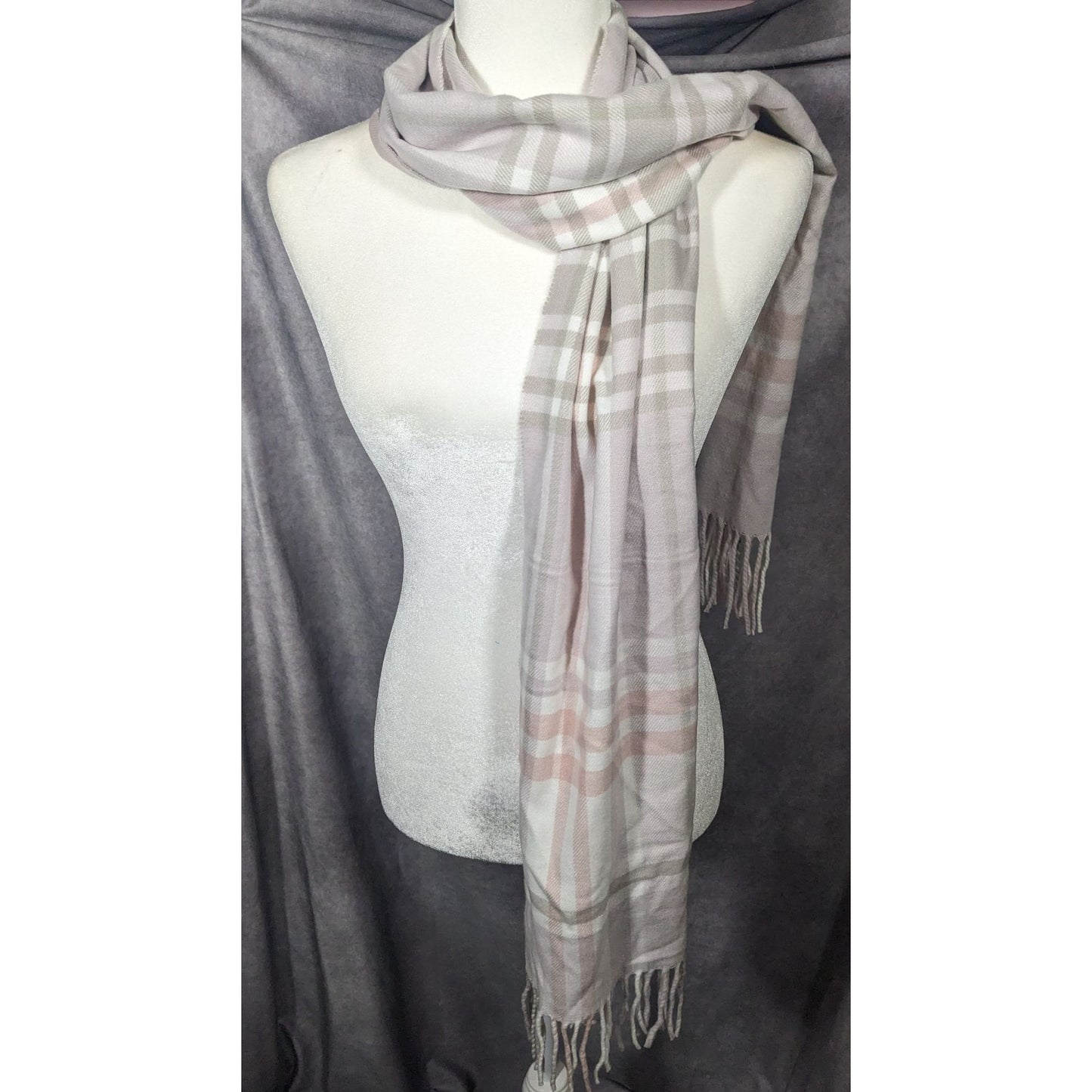 Cashmere Feel Pink And Grey Soft Fringe Scarf
