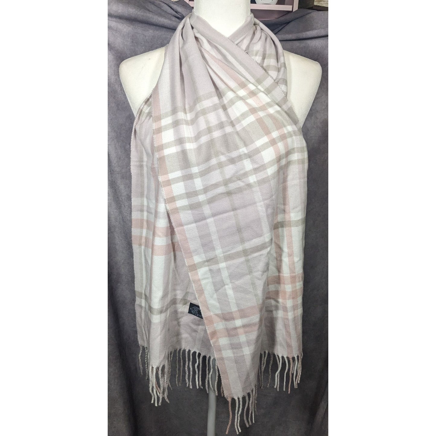 Cashmere Feel Pink And Grey Soft Fringe Scarf