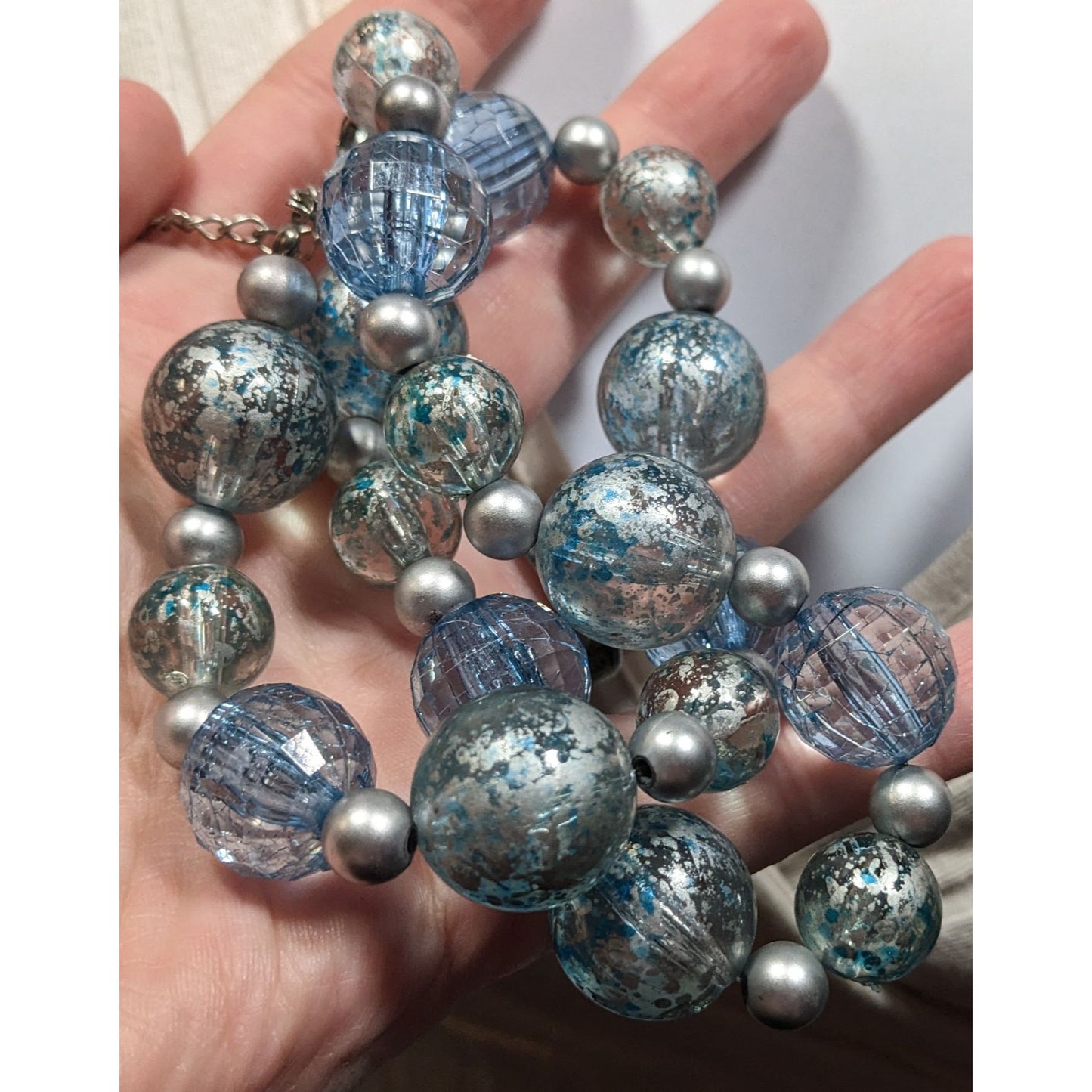 Whimsical Blue And Silver Tone Beaded Necklace