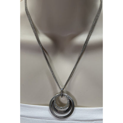 Vintage Glam Premier Designs Silver-Tone Multi-Strand Necklace With Rhinestone Circle Pendant