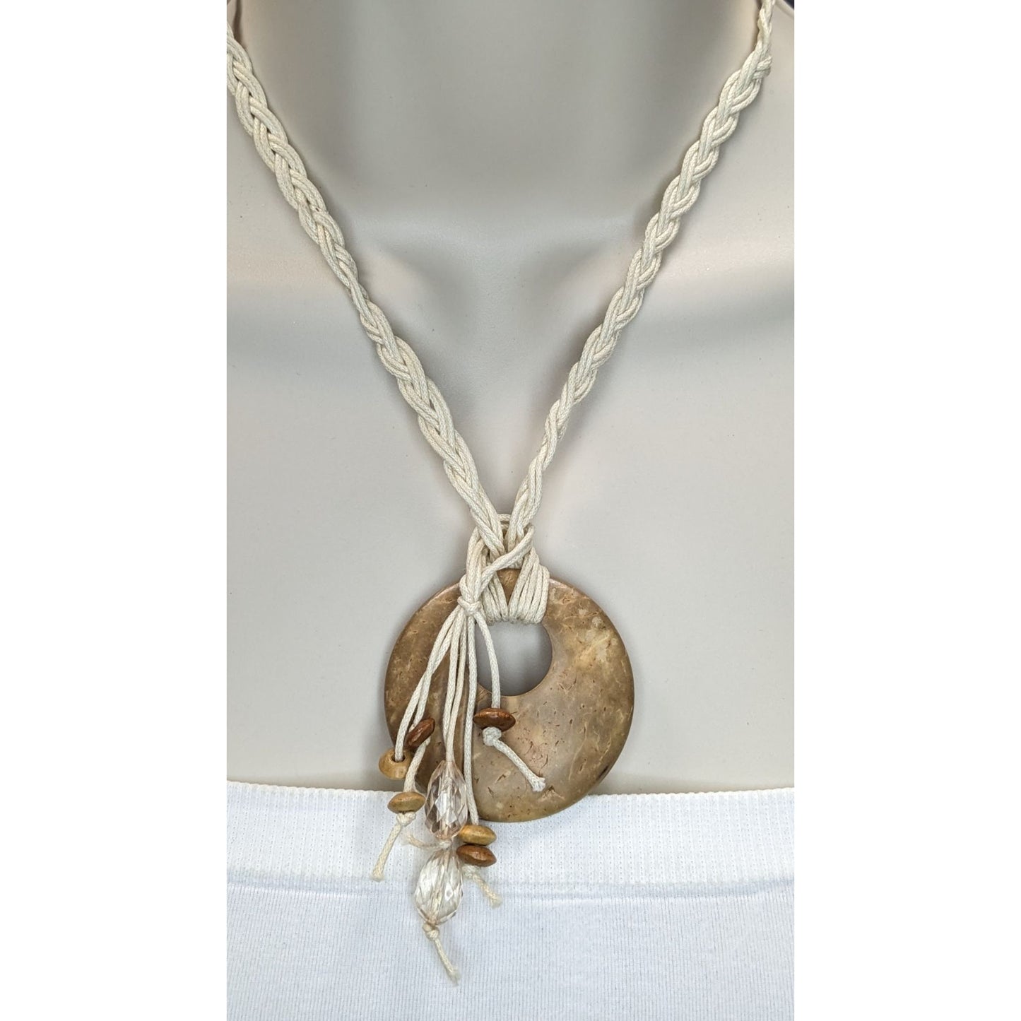 Boho Rustic Coconut Shell Pendant Necklace Braided Cord Crystal Bead Fringe