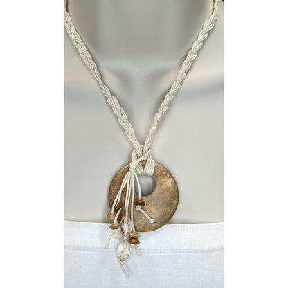 Boho Rustic Coconut Shell Pendant Necklace Braided Cord Crystal Bead Fringe