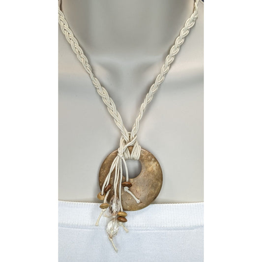 Boho Rustic Coconut Shell Pendant Necklace Braided Cord Crystal Bead Fringe