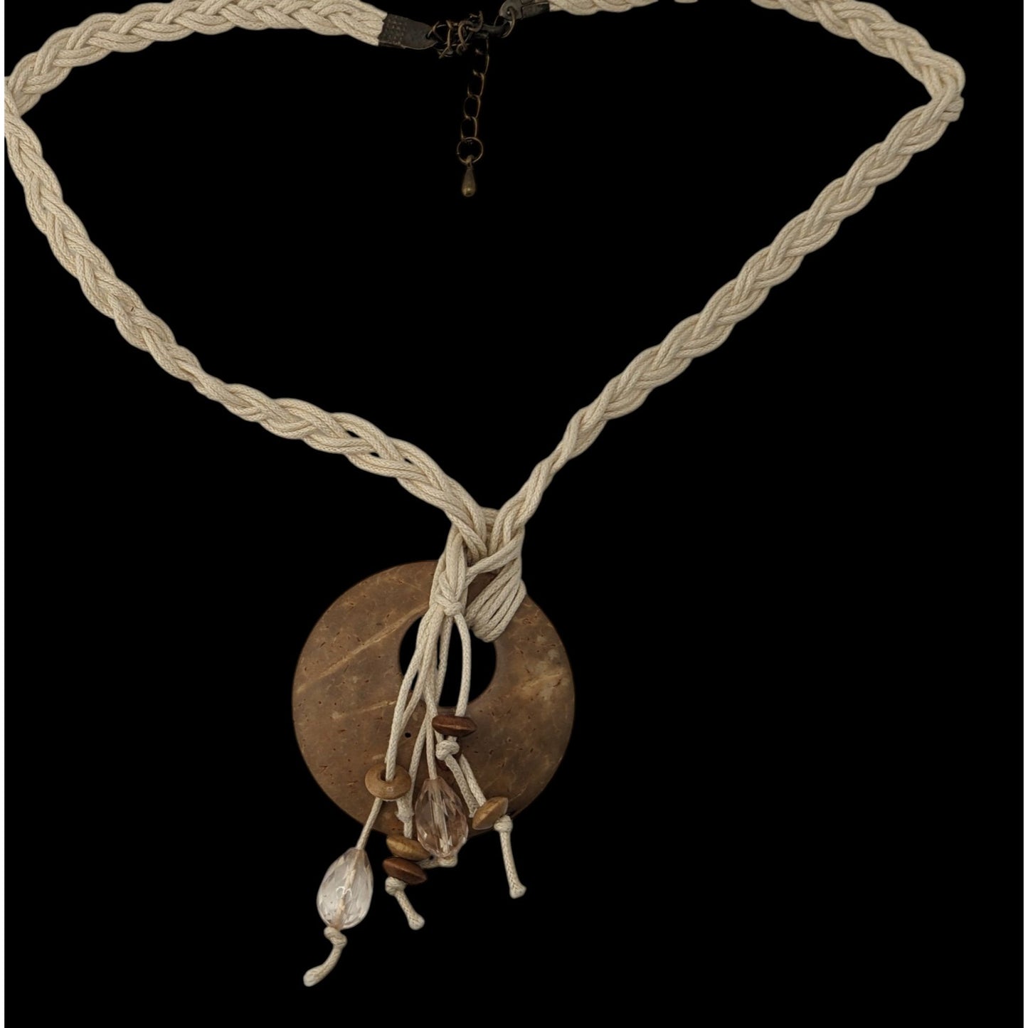 Boho Rustic Coconut Shell Pendant Necklace Braided Cord Crystal Bead Fringe