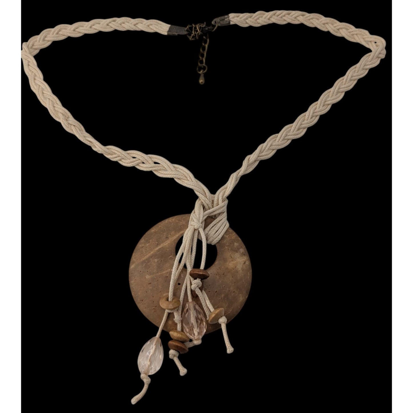 Boho Rustic Coconut Shell Pendant Necklace Braided Cord Crystal Bead Fringe