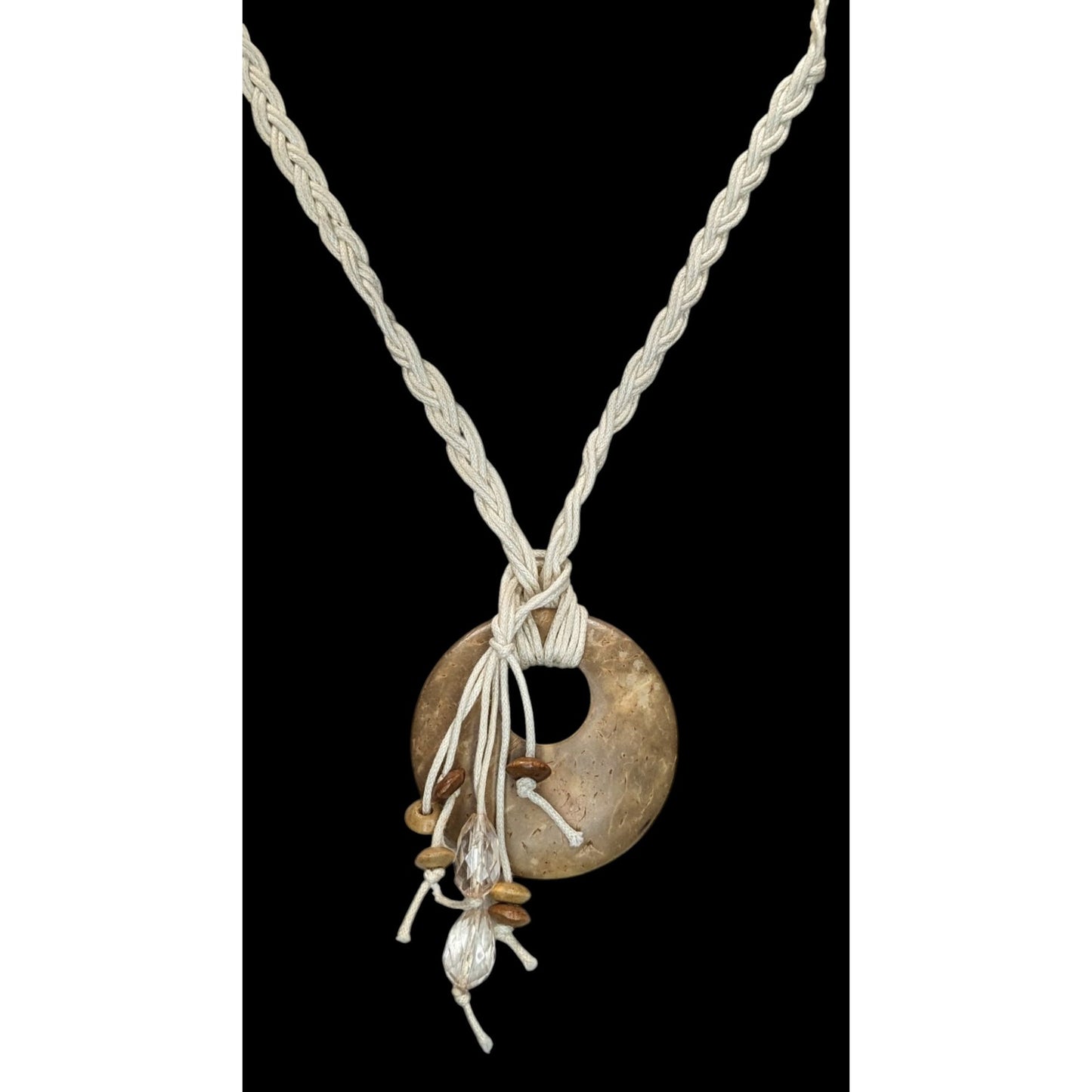 Boho Rustic Coconut Shell Pendant Necklace Braided Cord Crystal Bead Fringe