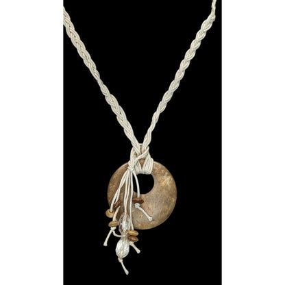 Boho Rustic Coconut Shell Pendant Necklace Braided Cord Crystal Bead Fringe