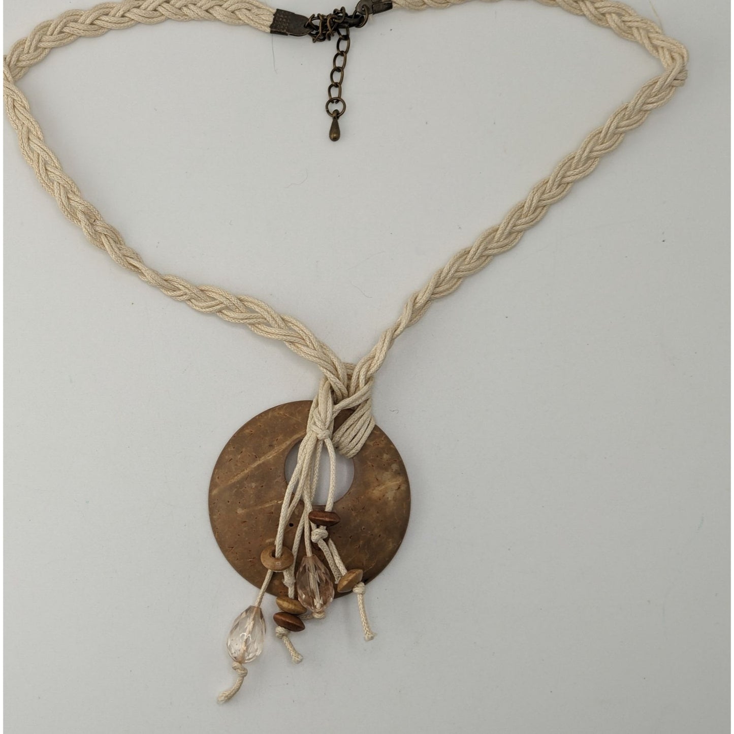 Boho Rustic Coconut Shell Pendant Necklace Braided Cord Crystal Bead Fringe