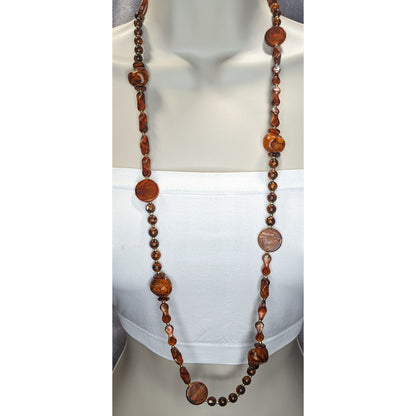 Boho Vintage Brown Marbled Beaded Long Station Necklace Earthy Statement Jewelry