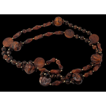 Boho Vintage Brown Marbled Beaded Long Station Necklace Earthy Statement Jewelry