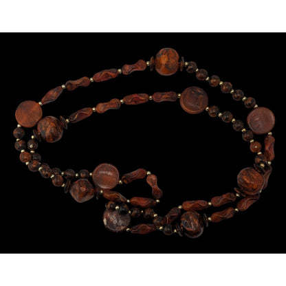 Boho Vintage Brown Marbled Beaded Long Station Necklace Earthy Statement Jewelry