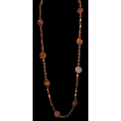 Boho Vintage Brown Marbled Beaded Long Station Necklace Earthy Statement Jewelry
