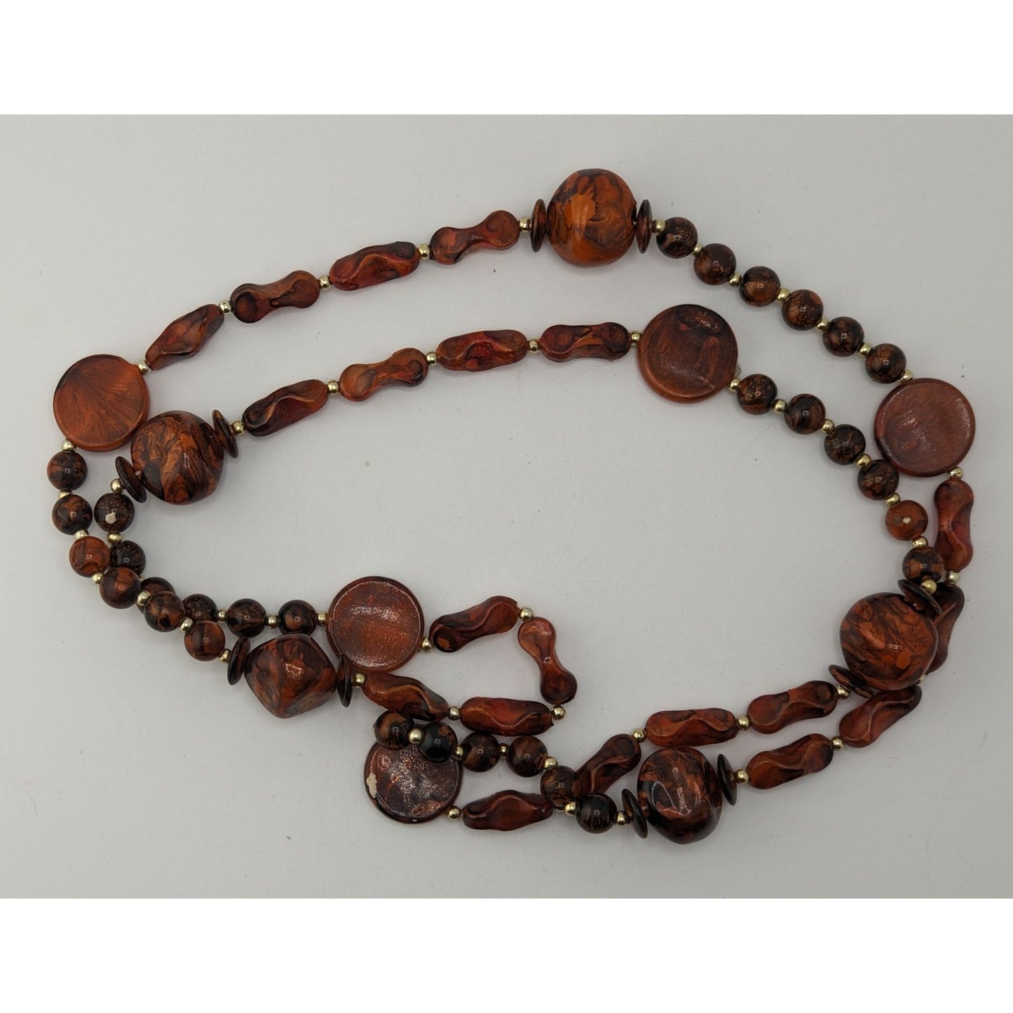 Boho Vintage Brown Marbled Beaded Long Station Necklace Earthy Statement Jewelry
