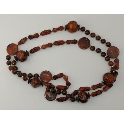 Boho Vintage Brown Marbled Beaded Long Station Necklace Earthy Statement Jewelry