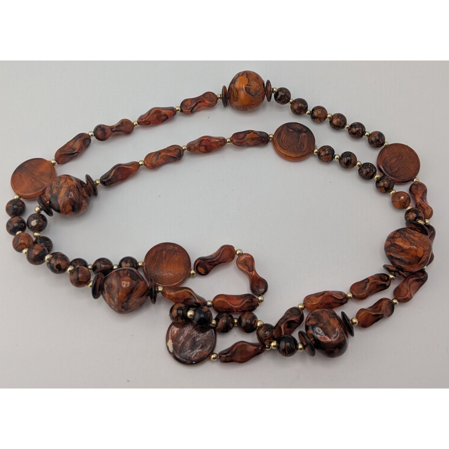 Boho Vintage Brown Marbled Beaded Long Station Necklace Earthy Statement Jewelry