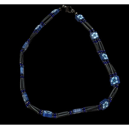 90s Blue Floral Beaded Beachy Choker Necklace