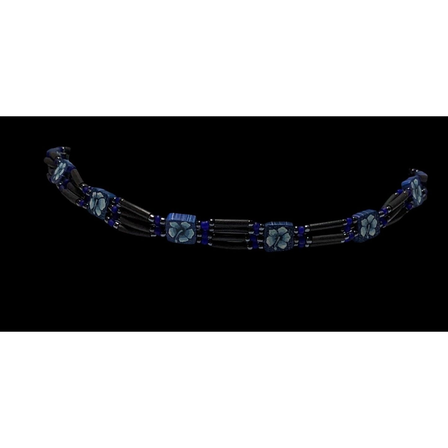 90s Blue Floral Beaded Beachy Choker Necklace