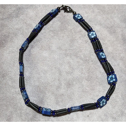 90s Blue Floral Beaded Beachy Choker Necklace