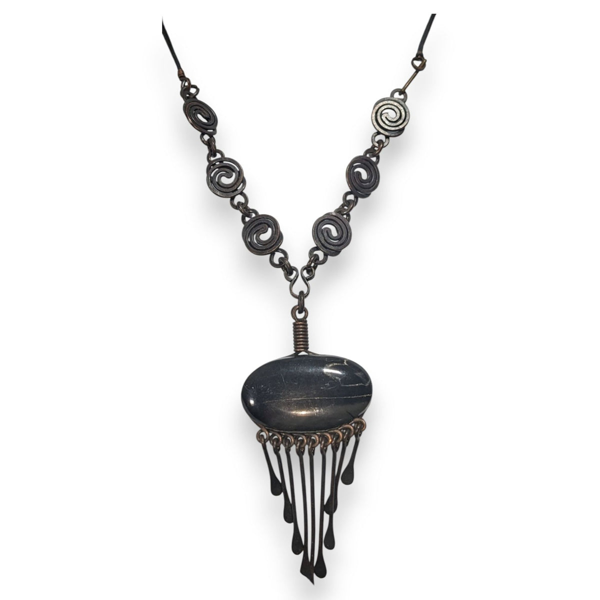 Vintage Artisan Boho Brutalist Black Stone Metal Fringe Necklace 18 Inch