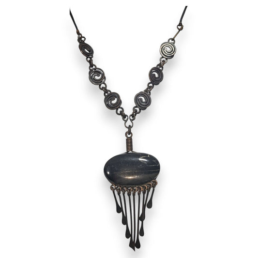 Vintage Artisan Boho Brutalist Black Stone Metal Fringe Necklace 18 Inch