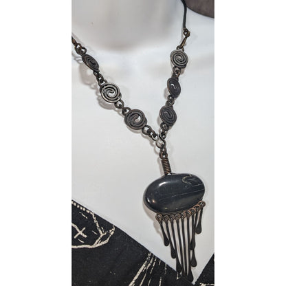 Vintage Artisan Boho Brutalist Black Stone Metal Fringe Necklace 18 Inch