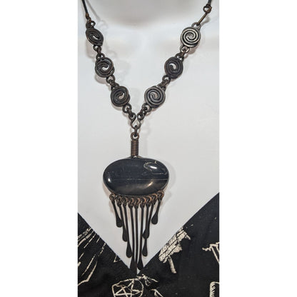 Vintage Artisan Boho Brutalist Black Stone Metal Fringe Necklace 18 Inch