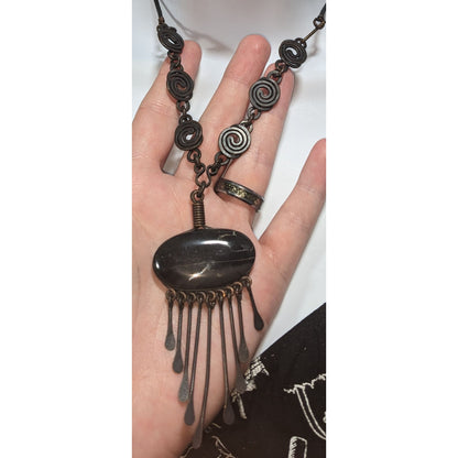 Vintage Artisan Boho Brutalist Black Stone Metal Fringe Necklace 18 Inch