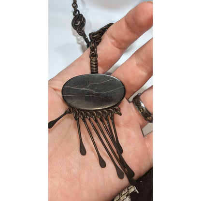 Vintage Artisan Boho Brutalist Black Stone Metal Fringe Necklace 18 Inch