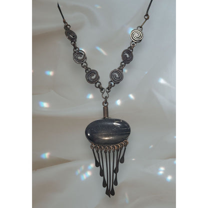 Vintage Artisan Boho Brutalist Black Stone Metal Fringe Necklace 18 Inch