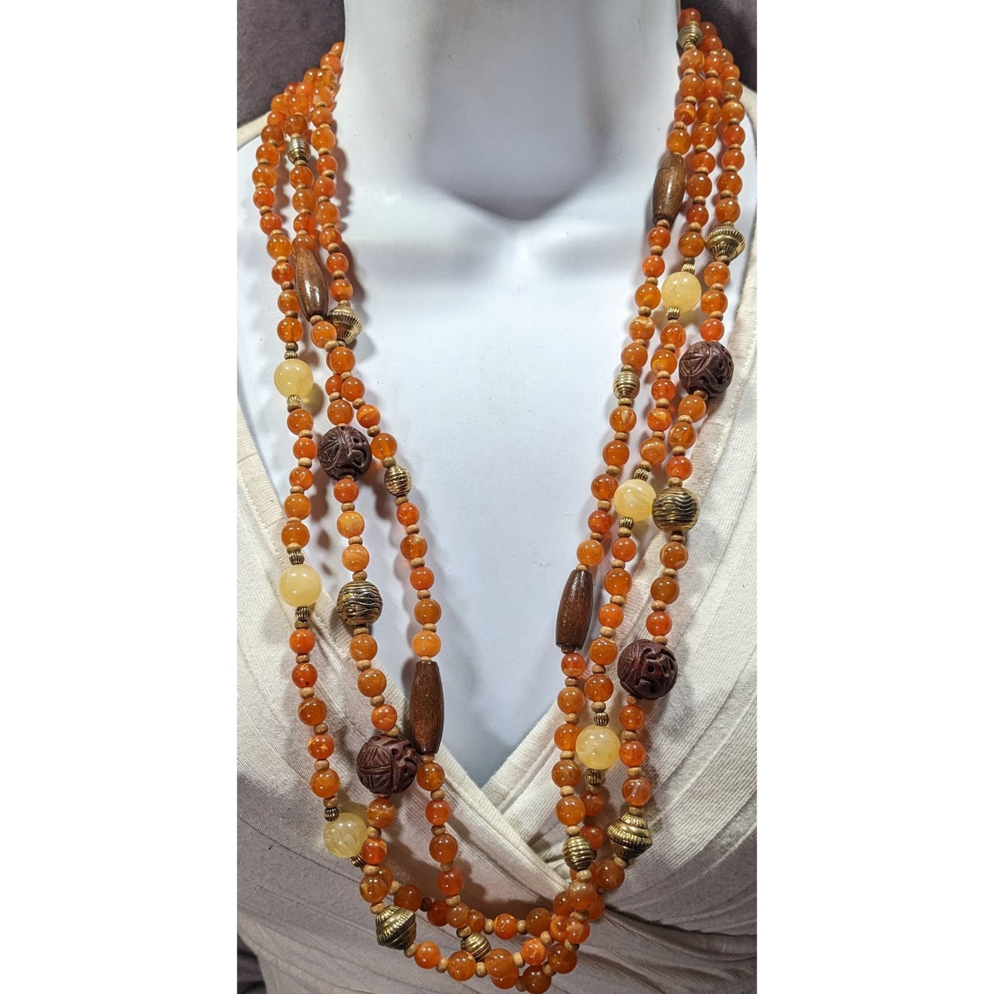 Vintage Bohemian Hippie Layered Necklace With Orange And Brown Tones
