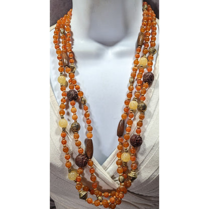 Vintage Bohemian Hippie Layered Necklace With Orange And Brown Tones