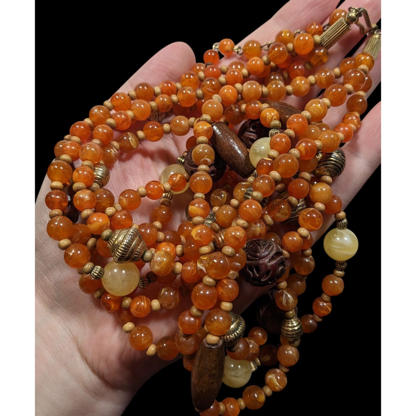 Vintage Bohemian Hippie Layered Necklace With Orange And Brown Tones