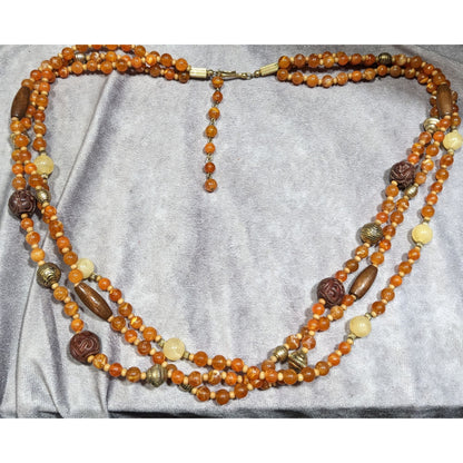Vintage Bohemian Hippie Layered Necklace With Orange And Brown Tones
