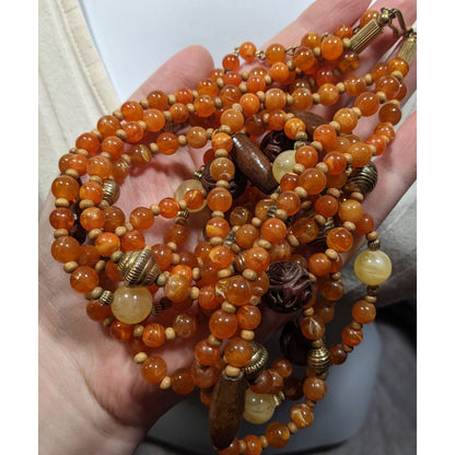 Vintage Bohemian Hippie Layered Necklace With Orange And Brown Tones