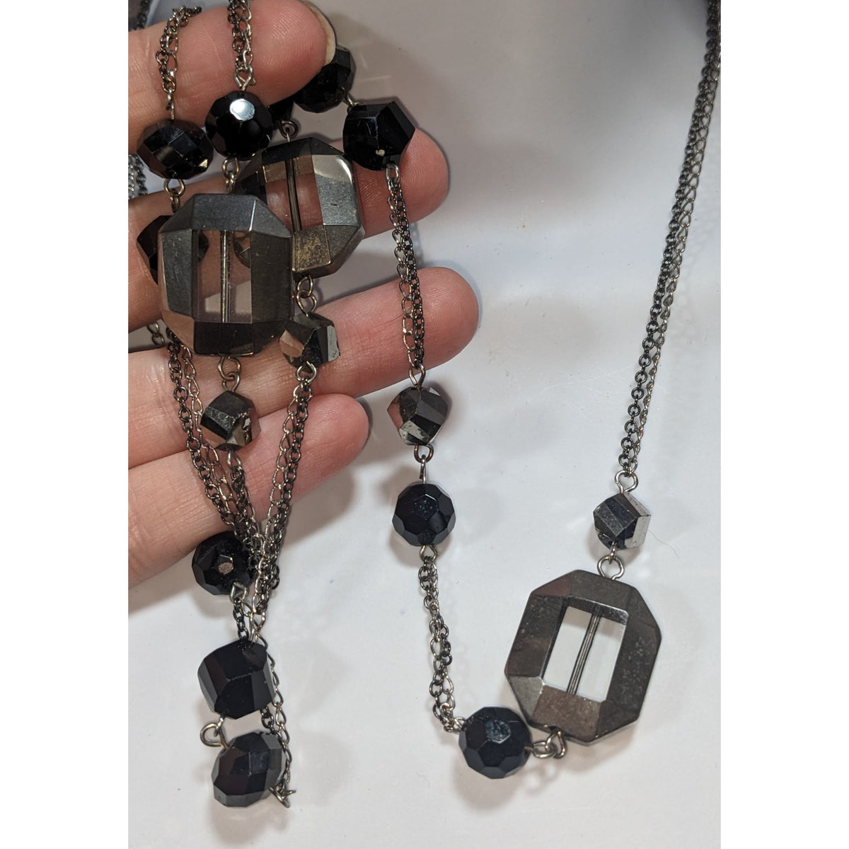 Ann Taylor Loft Gothic Glam Glass Black Smoky Gray Necklace 36 Inch