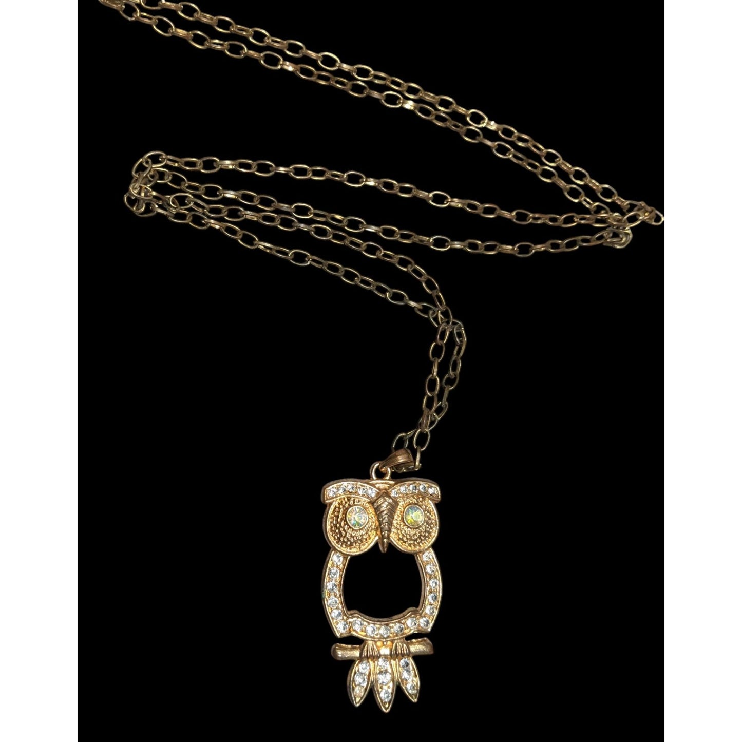 Whimsygoth Gold Tone Aurora Borealis Gemmed Owl Pendant Necklace