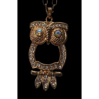 Whimsygoth Gold Tone Aurora Borealis Gemmed Owl Pendant Necklace