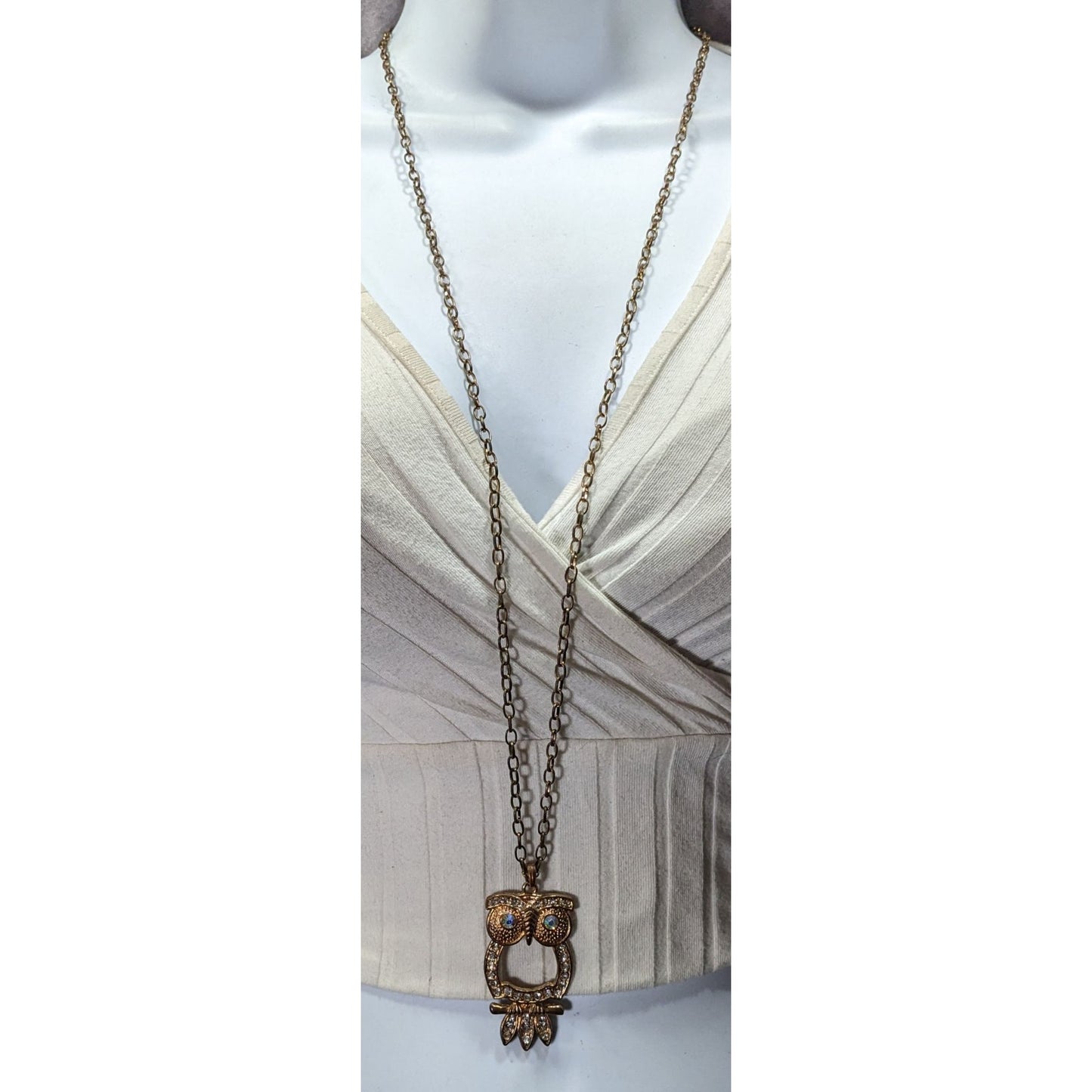 Whimsygoth Gold Tone Aurora Borealis Gemmed Owl Pendant Necklace