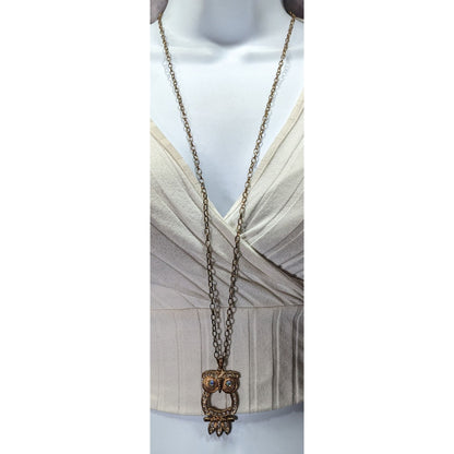 Whimsygoth Gold Tone Aurora Borealis Gemmed Owl Pendant Necklace