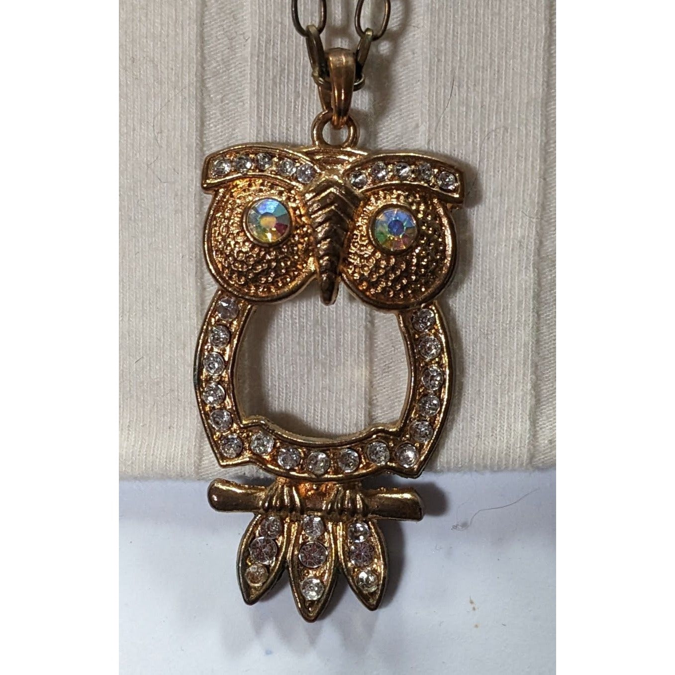 Whimsygoth Gold Tone Aurora Borealis Gemmed Owl Pendant Necklace