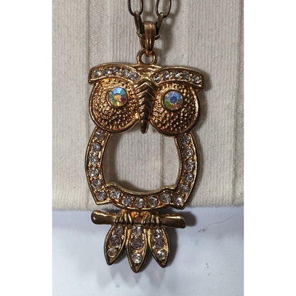 Whimsygoth Gold Tone Aurora Borealis Gemmed Owl Pendant Necklace