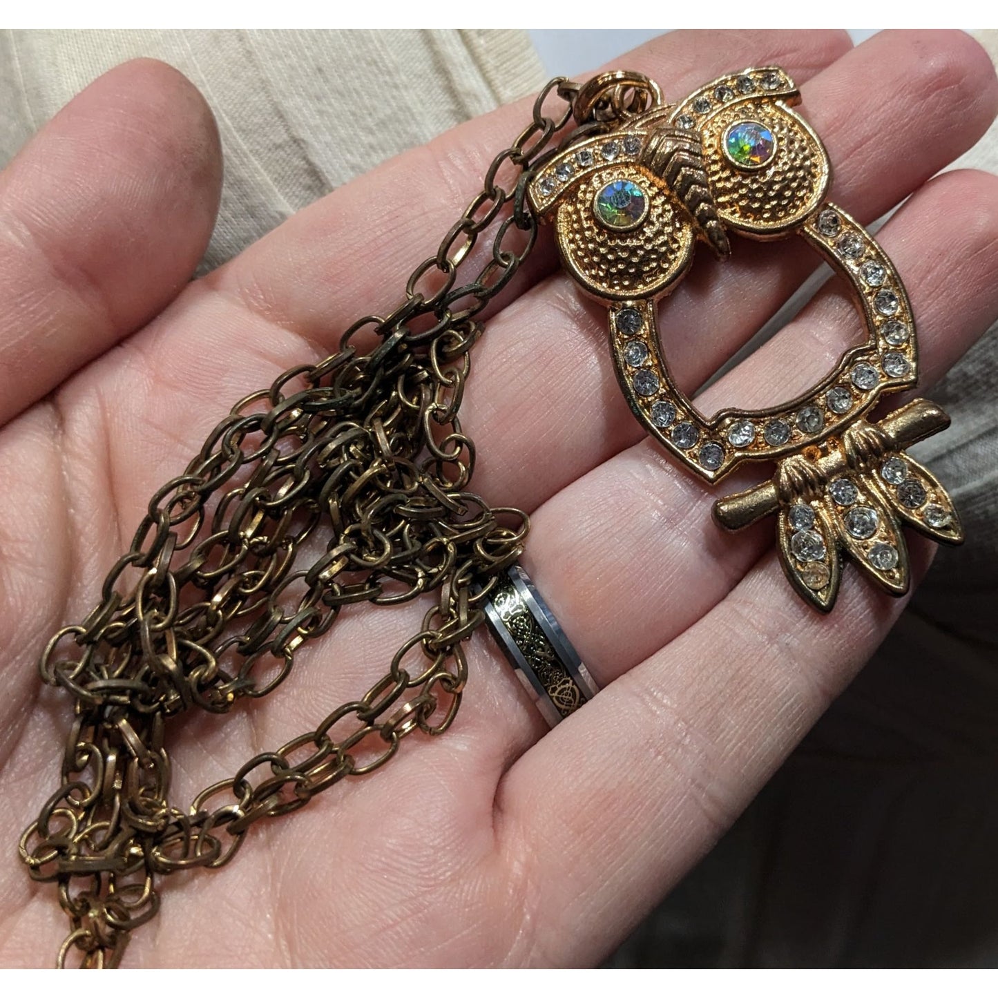 Whimsygoth Gold Tone Aurora Borealis Gemmed Owl Pendant Necklace