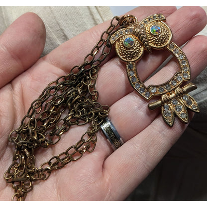 Whimsygoth Gold Tone Aurora Borealis Gemmed Owl Pendant Necklace