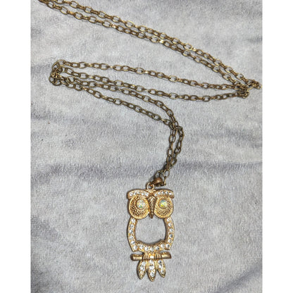 Whimsygoth Gold Tone Aurora Borealis Gemmed Owl Pendant Necklace