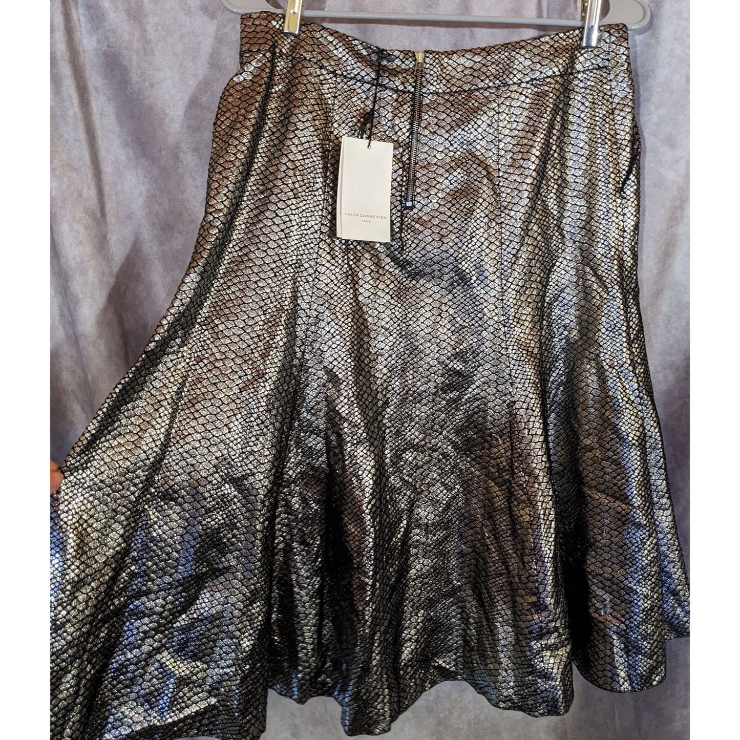 Faith Connexion Paris Runway Collection Python Print Metallic Flare Skirt Size 8